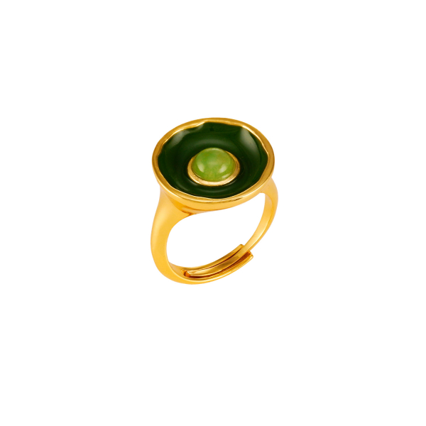 Ring aus Messing vergoldet, Emaille, hellgrüner Quartz
